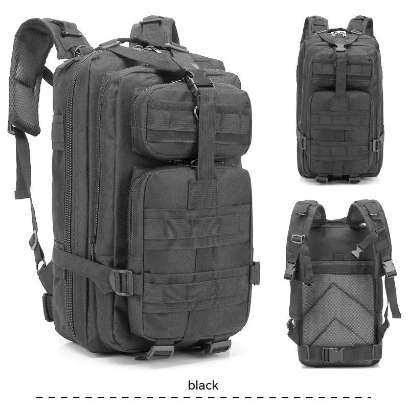 Large khaki coloured off-road hiking backpack with adjustable straps and multiple compartments.