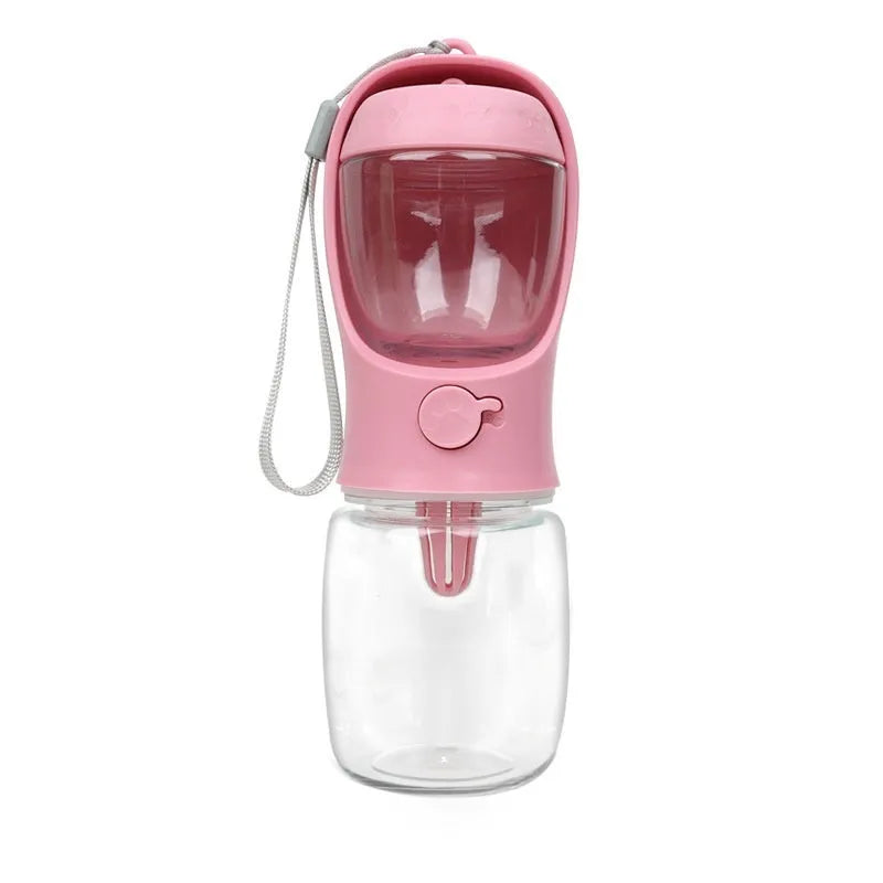 Blue portable plastic dog water bottle with flip-out drinking bowl for walks and travel.