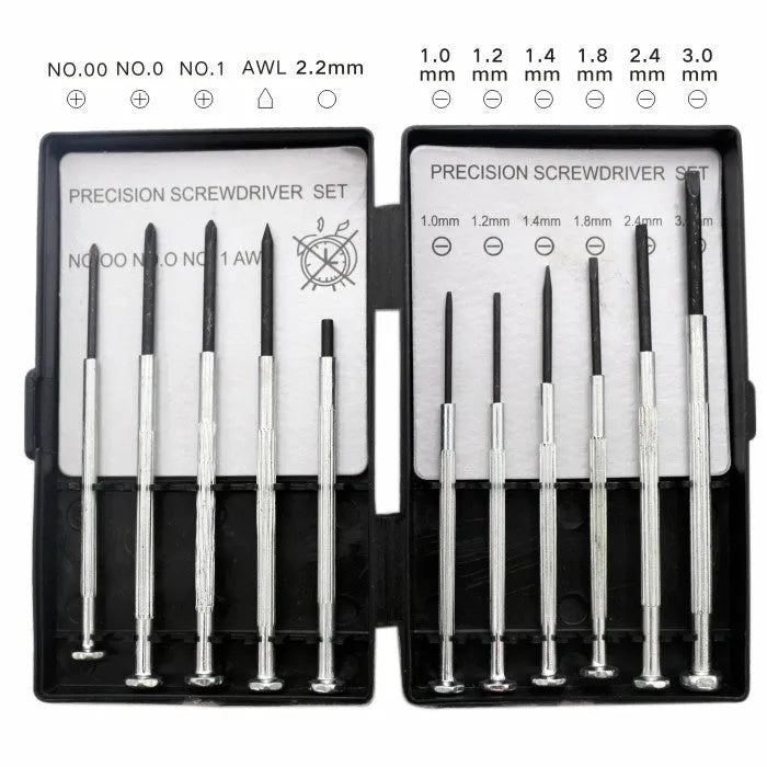 11-piece clock screwdriver set with multiple head types for electronics repair