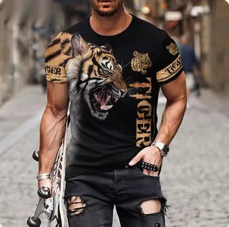 Men's grey T-shirt with raised 3D lion design print on chest, showing dimensional animal graphic