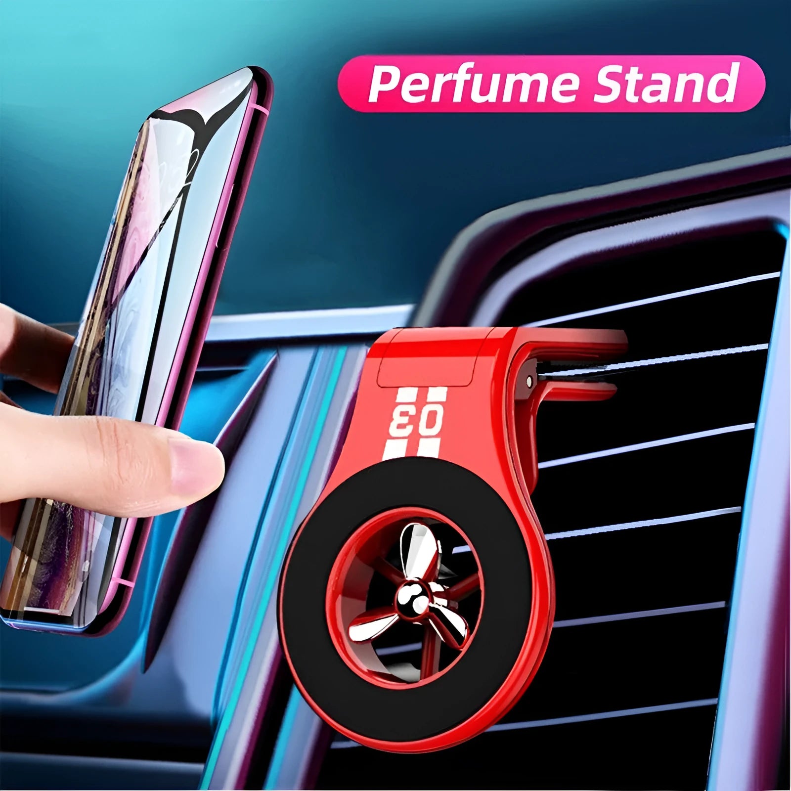 Magnetic car air vent phone holder with adjustable paddle in black colour showing smartphone attached