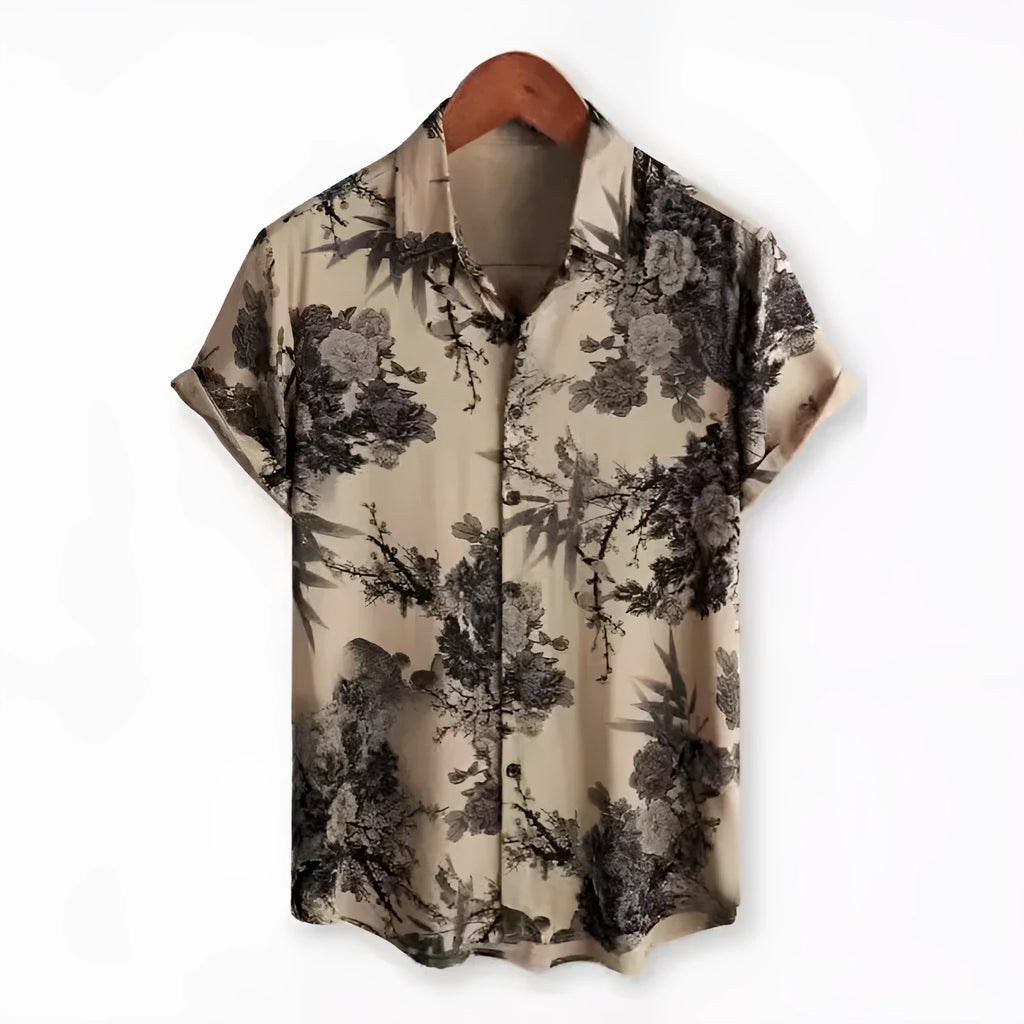 Hawaiian floral print short sleeve shirt with lapel design on elastic polyester fabric