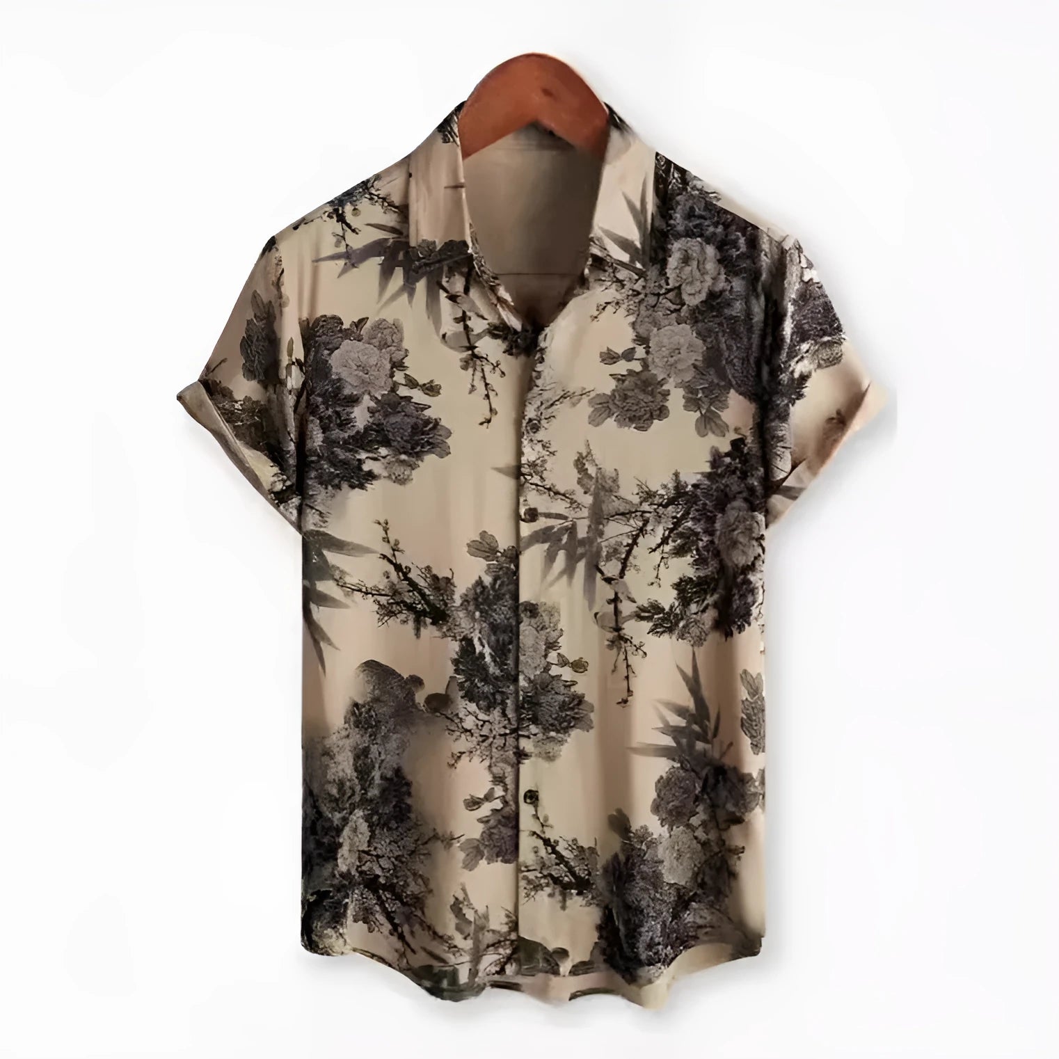Hawaiian floral print short sleeve shirt with lapel design on elastic polyester fabric