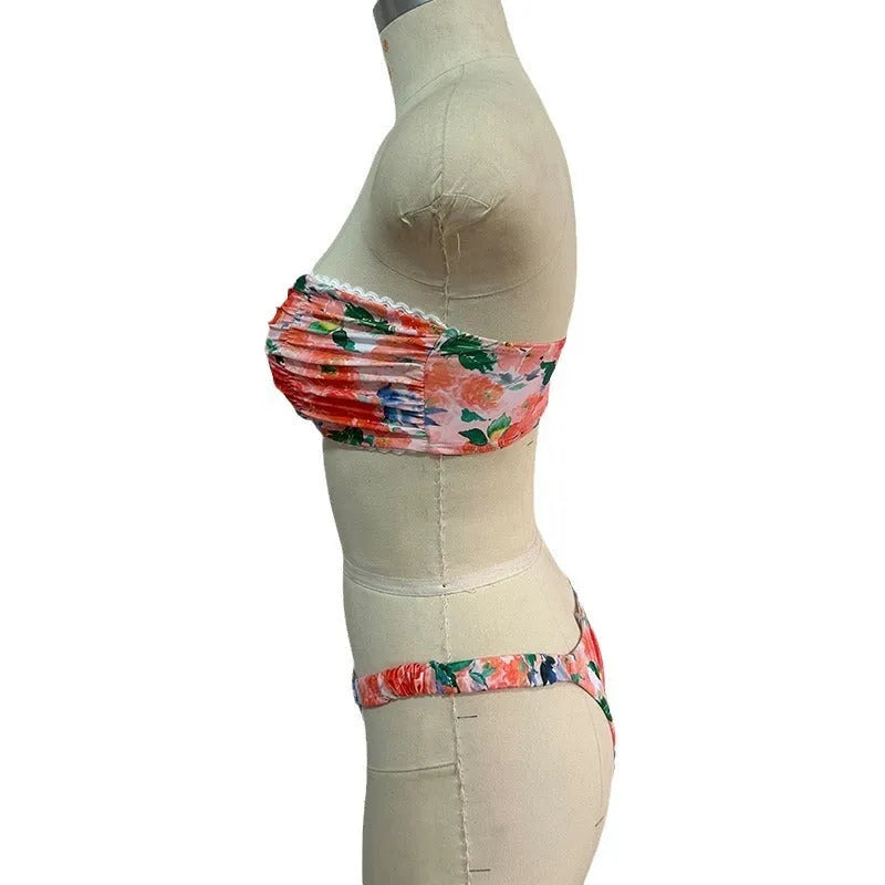 Women's floral printed bikini set with lace-up tube top and coordinating shorts for swimming