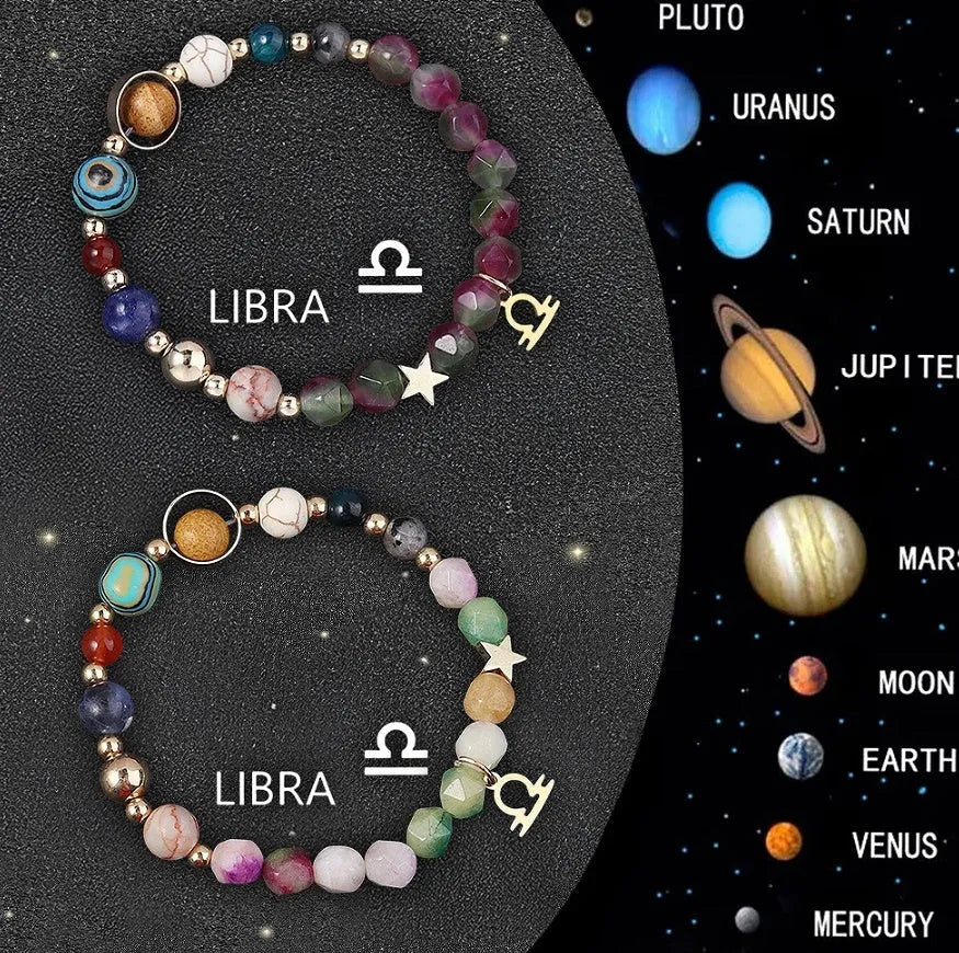 Set of two natural stone beaded bracelets on a wrist, each representing a different zodiac sign style.