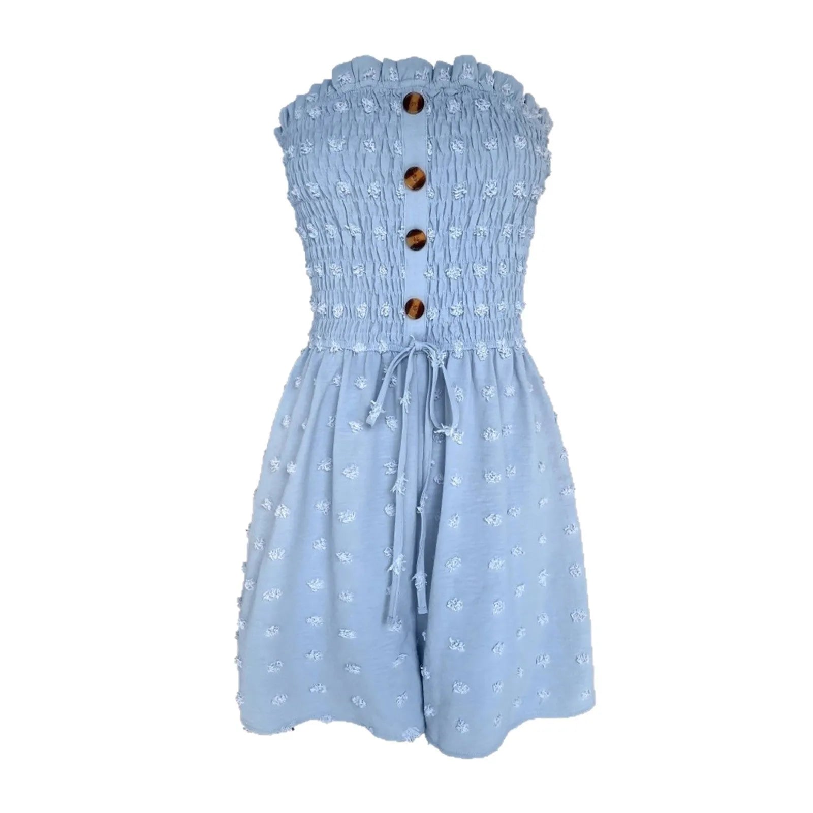 Women's sleeveless off-shoulder jumpsuit in solid colour with elastic waist and button details