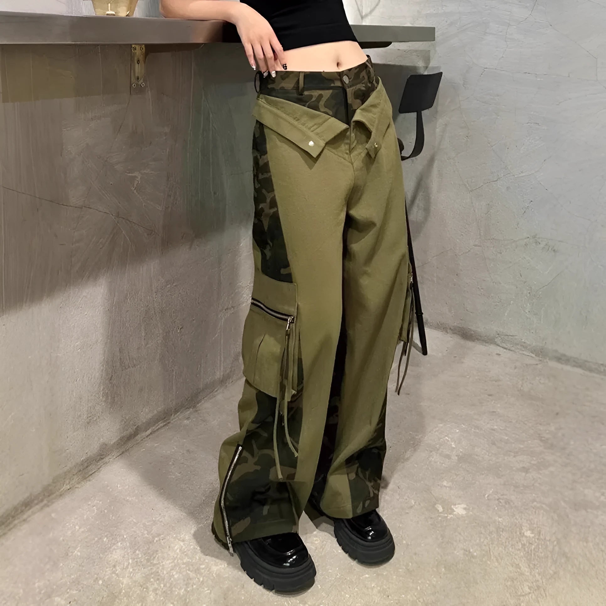 Women's dark khaki leopard print high waist straight leg jeans with tooling style collage stitching