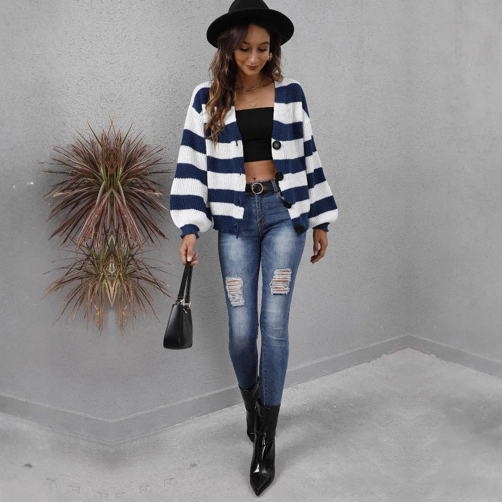 Women's striped deer plush cardigan in blue, showing button front and regular sleeves.