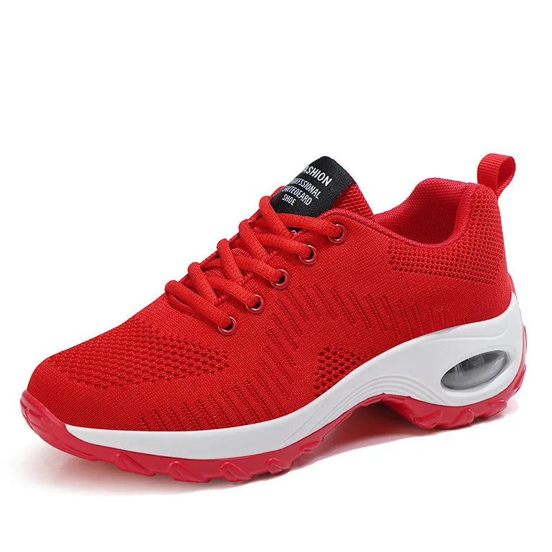 Women's round toe mesh sneakers with front lace-up and 3-5cm mid heel in black or red