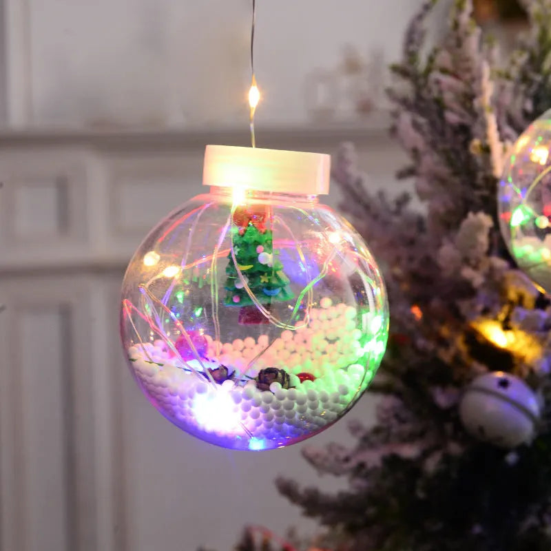 LED Christmas curtain light string with 10 decorative PVC lamp balls showing fairy, snowman, and wishing ball designs.