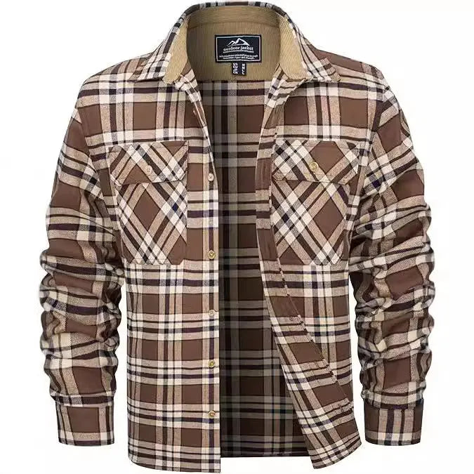 Men's polyester flannel button shirt with plaid pattern in green, navy, orange, and wine red colors available in sizes S to 5XL