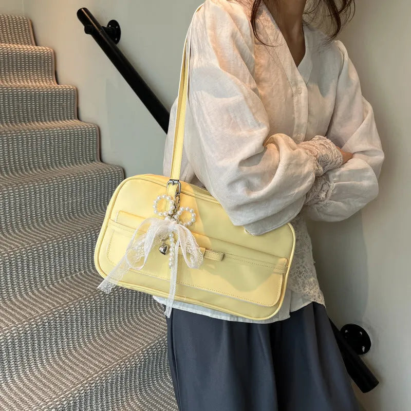 Women's horizontal square PU leather flap bag with double shoulder straps in choice of five colours