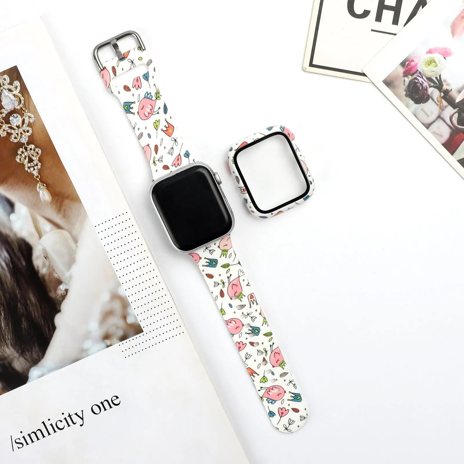 Printed silicone replacement watch strap for Apple Watch in multiple sizes and design styles
