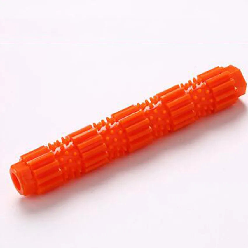 Green and orange rubber dog chew toy with hollow centre for treat dispensing