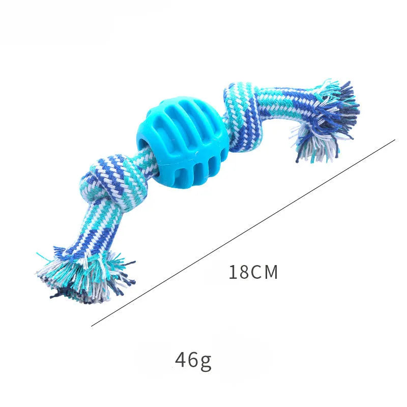 Blue dog chew toy with rope and molar cleaning design for dental hygiene