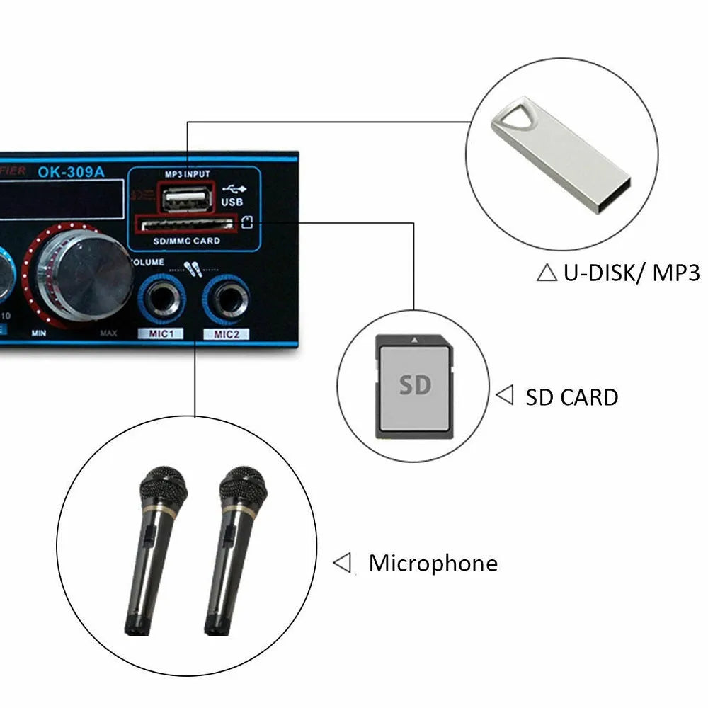 Black BT-309A-A Bluetooth power amplifier with recording function and remote control.