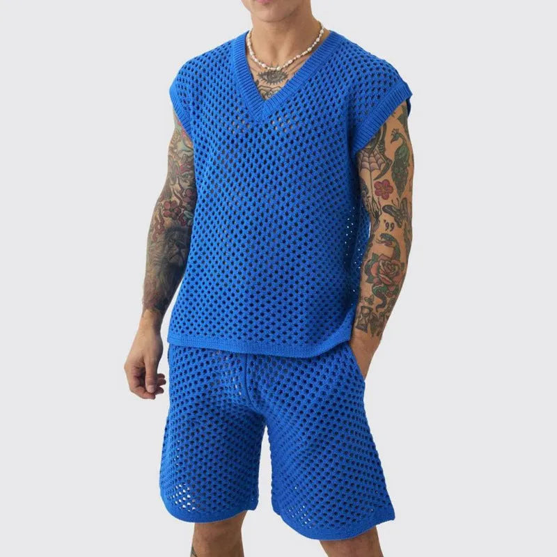 Men's sleeveless V-neck vest and shorts set in blue, black, white or khaki for summer sports