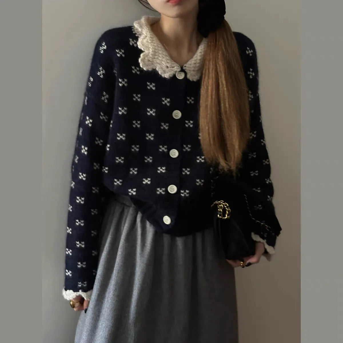 Retro Peter Pan collar floral pattern knitted cardigan coat in navy blue, apricot, grey.