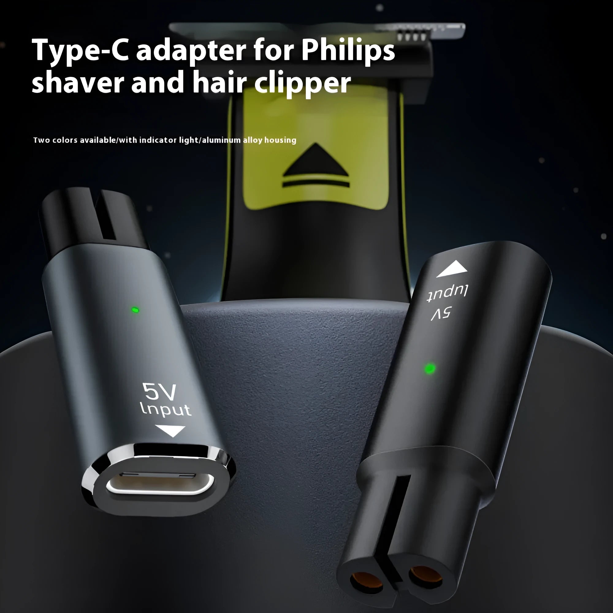 Black USB-C charging adapter for electric shavers and hair clippers on a grey background.