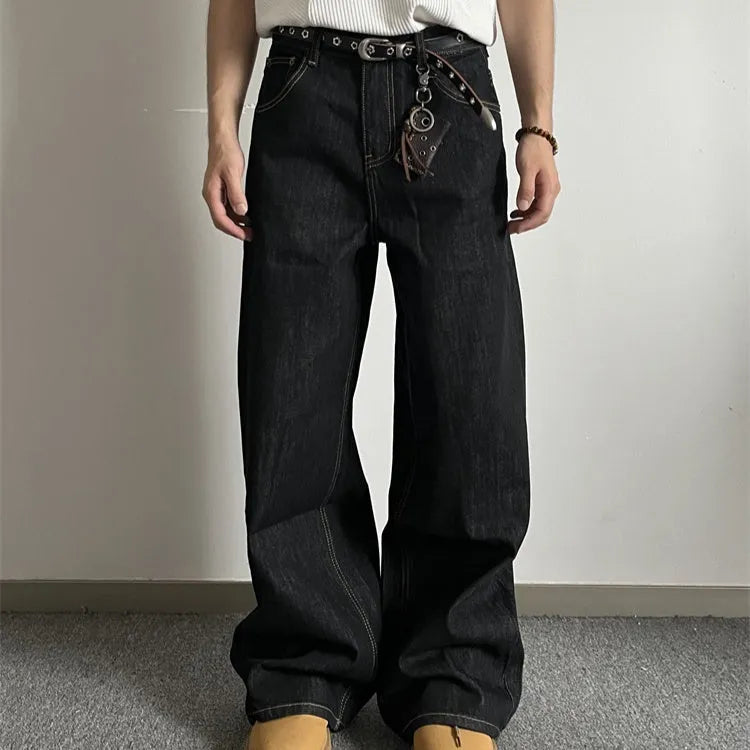 Black retro loose wide-leg jeans with straight-leg style and mid waist design