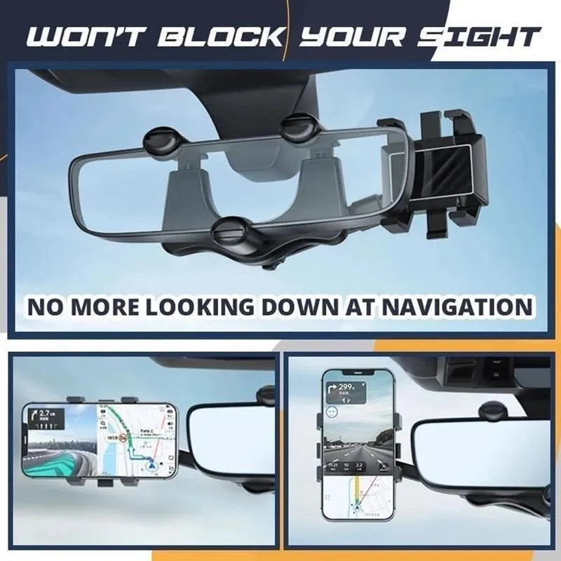 Black rearview mirror phone holder for car showing 360° rotation and retractable arm