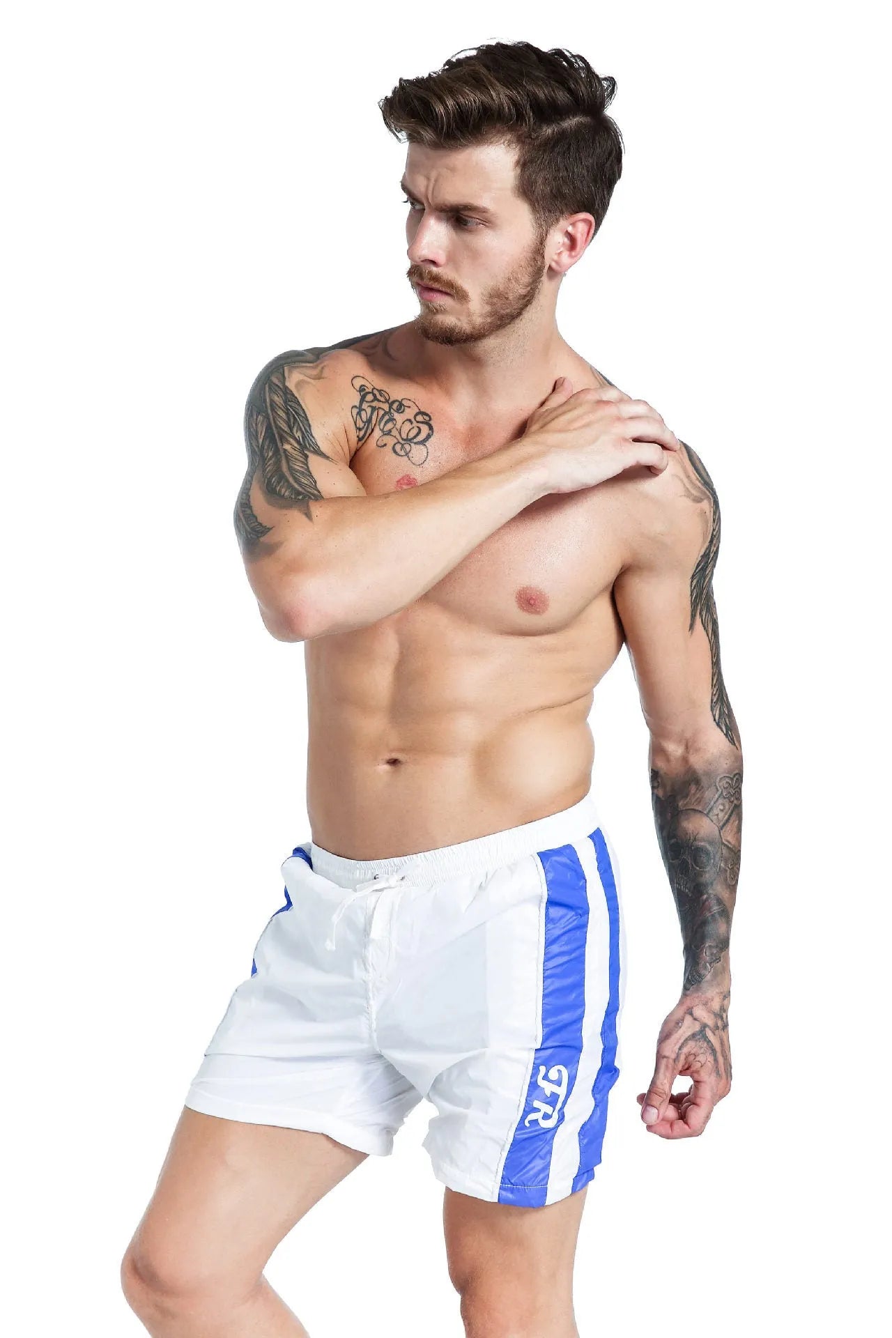 Blue men's lace-up sports shorts with slim fit and padding on a white background