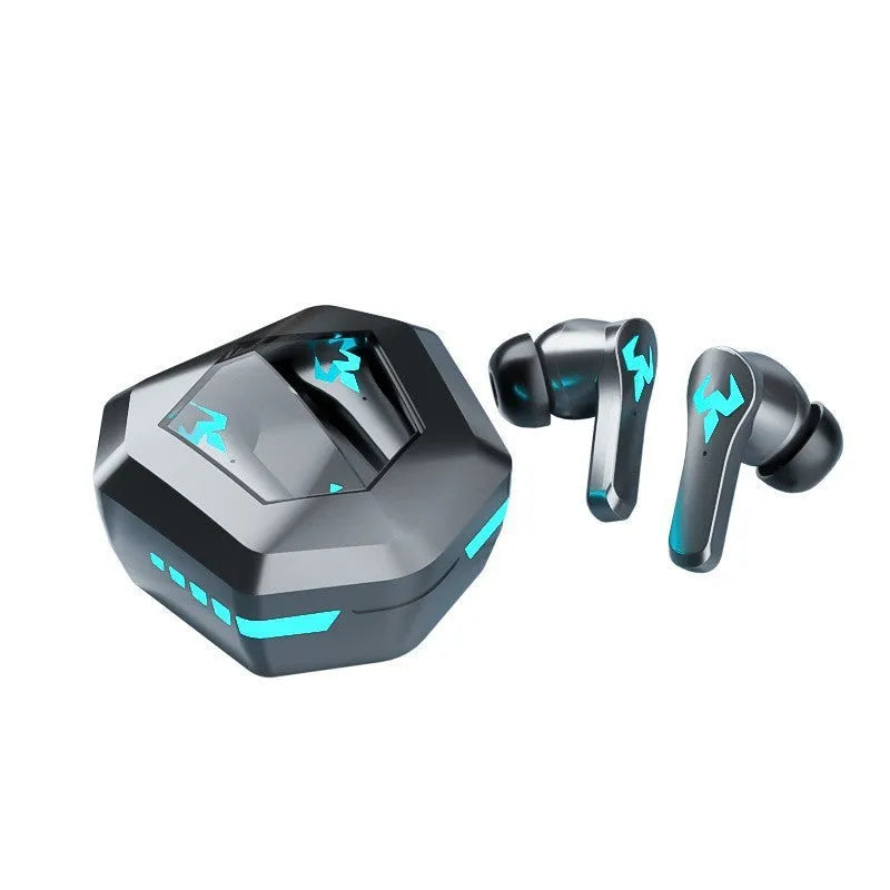 Black wireless Bluetooth stereo gaming headset with in-ear design for sports use