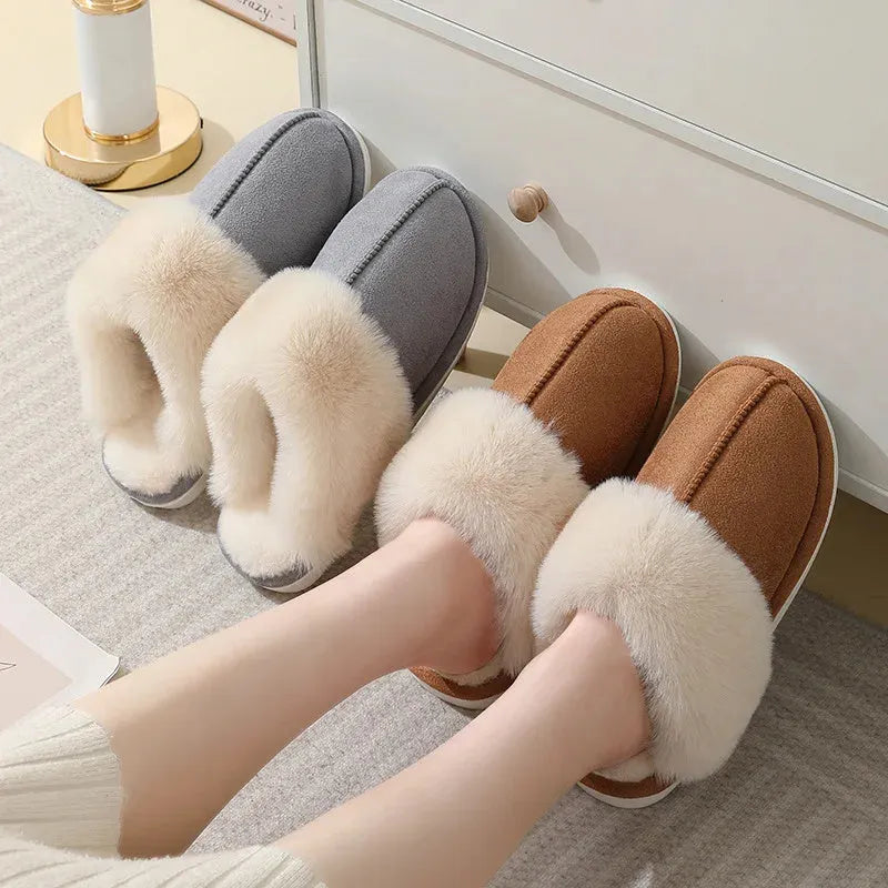 Women's plush indoor slippers with round toe, flat heel, and PVC sole in multiple colour options