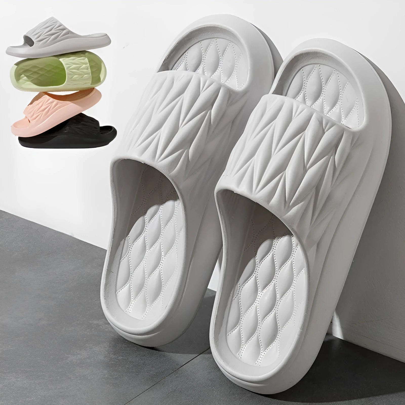 Leaf texture design EVA slippers for indoor use, shown in available colours.