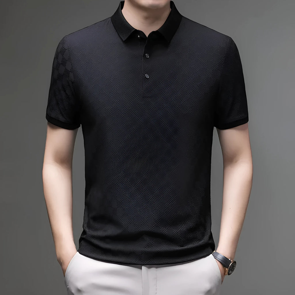 Men's black Rhombus short sleeve T-shirt with a slit hem detail, made from a thin chemical fibre blend fabric.