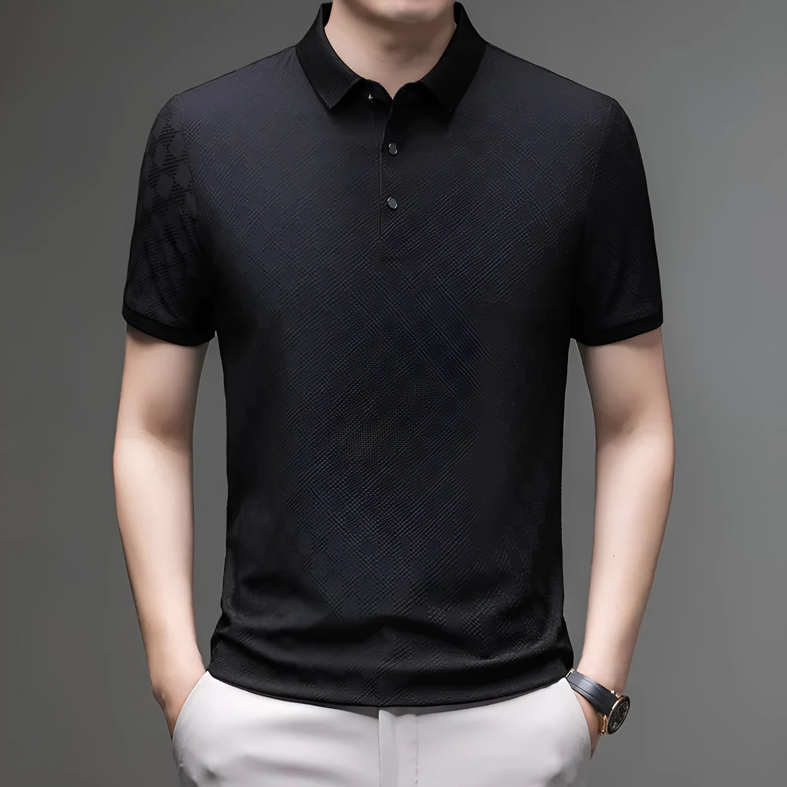 Men's black Rhombus short sleeve T-shirt with a slit hem detail, made from a thin chemical fibre blend fabric.