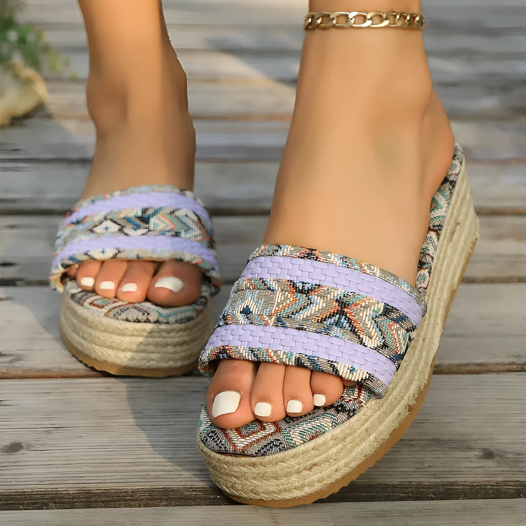 Rope bottom sponge cake slippers for women plus size in navy blue with cloth upper and rubber sole