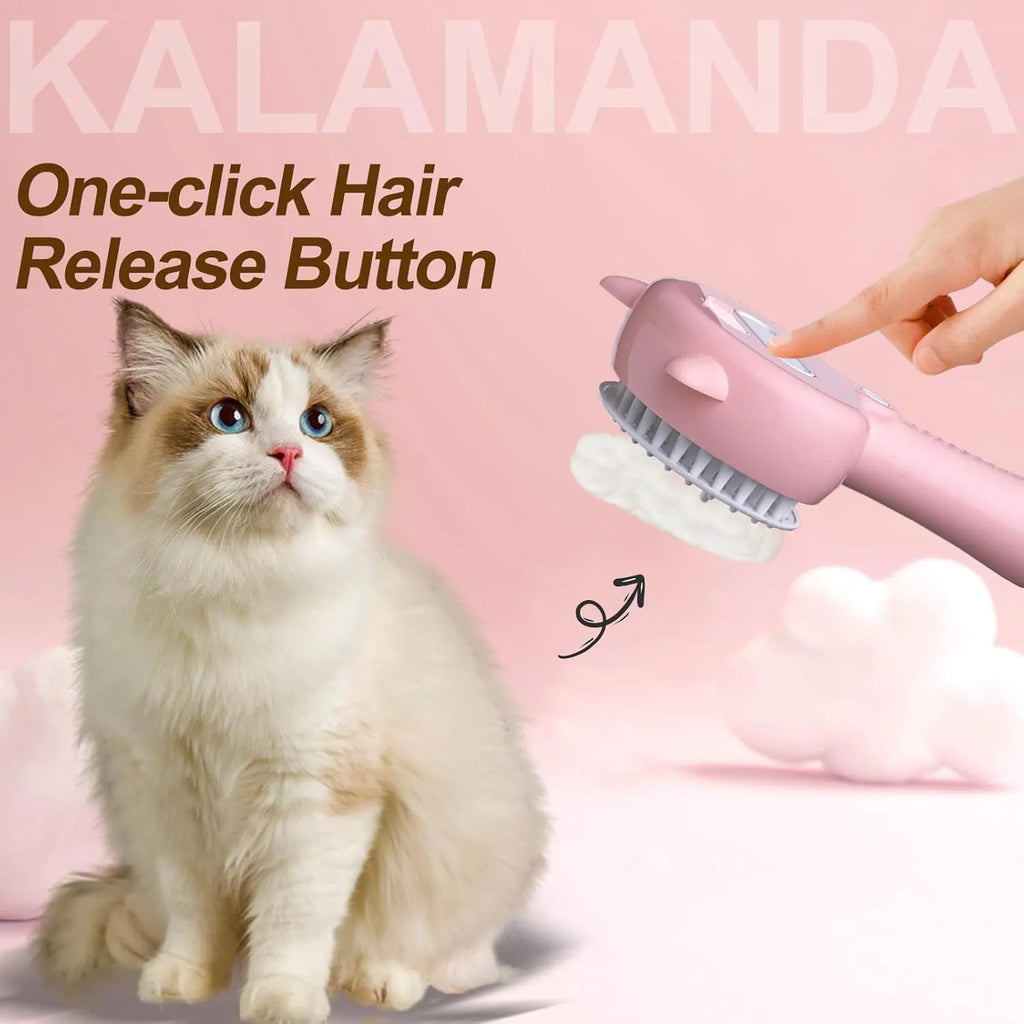 Blue pet steam brush with ergonomic handle and rubber bristles for grooming dogs cats