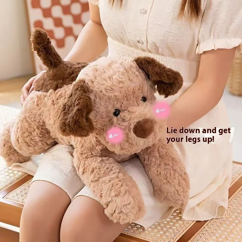 Plush toy lying dog doll in brown faux fur, 35cm height, lying on a soft surface