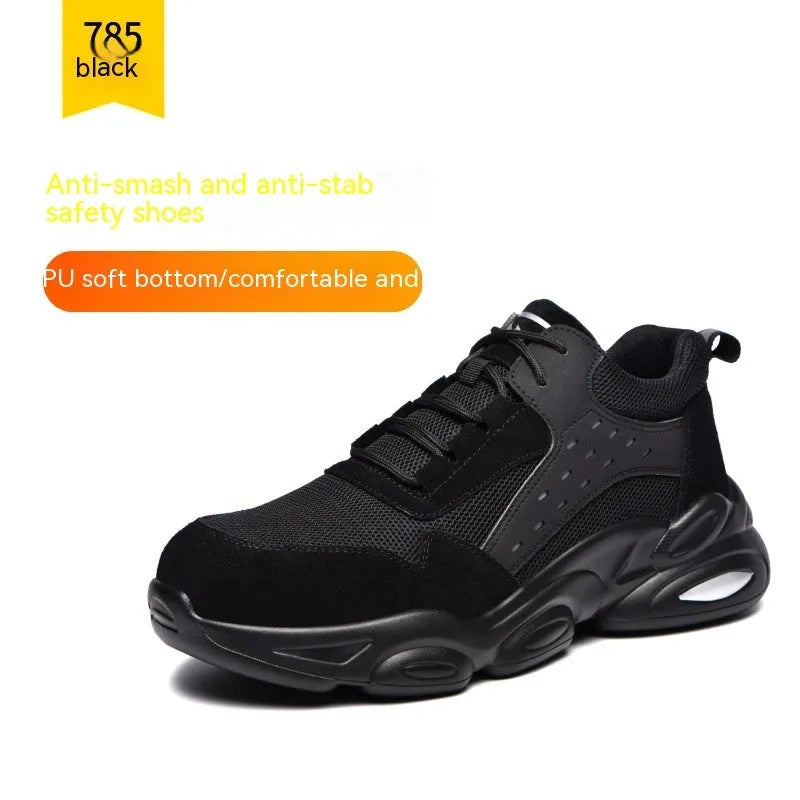 Men's black breathable flyknit labour safety shoe with anti-puncture sole on a worksite background.