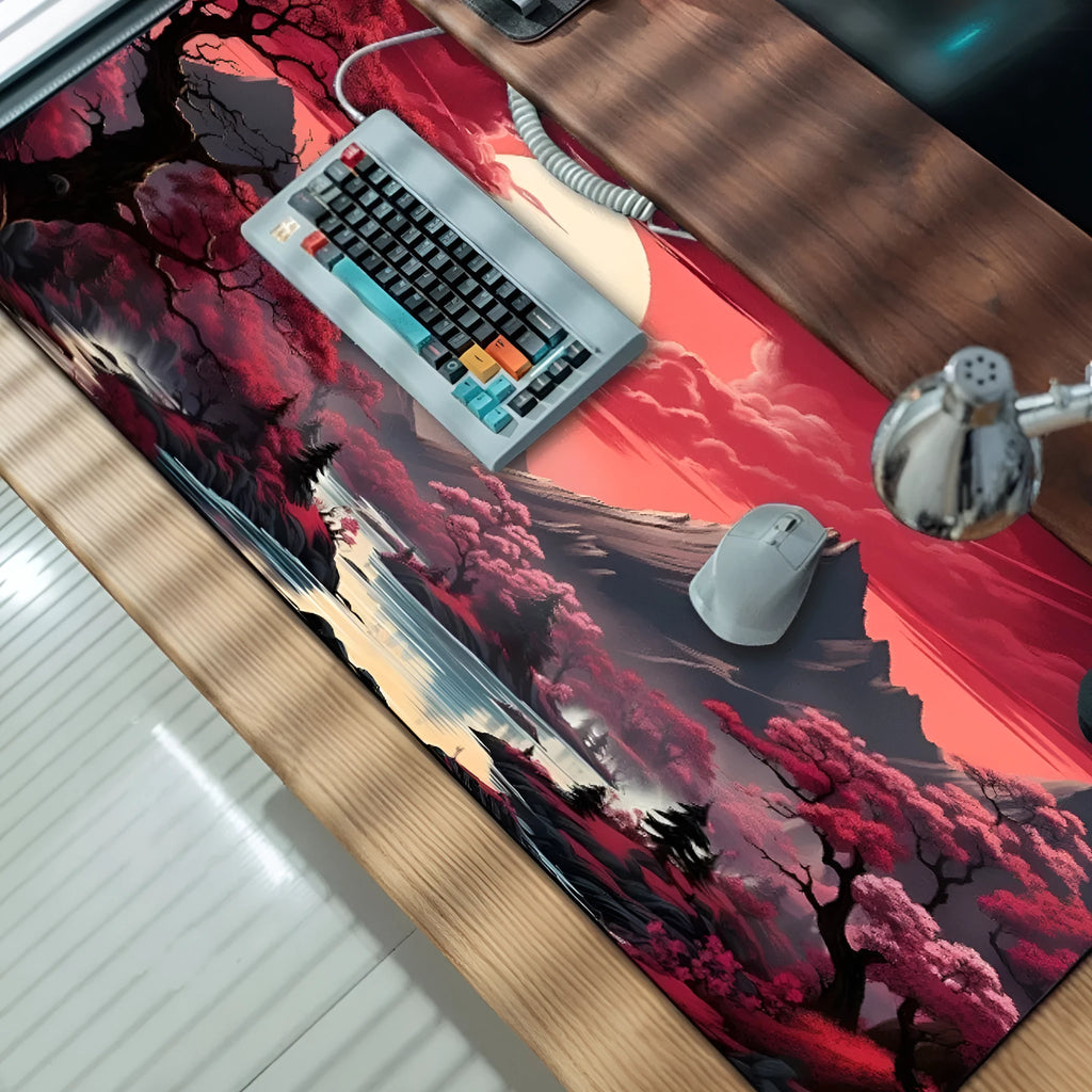 Hot anime series gaming mouse pad with colourful graphic, shown on a desk with a mouse.