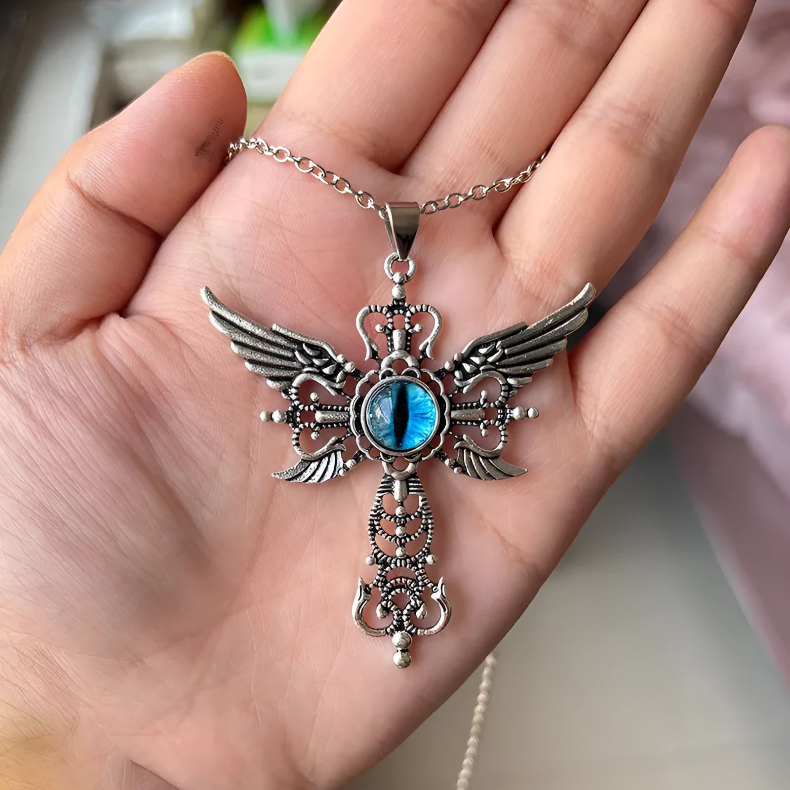 Geometric devil wings cross pendant necklace in alloy with blue, green, purple, red and yellow colour options