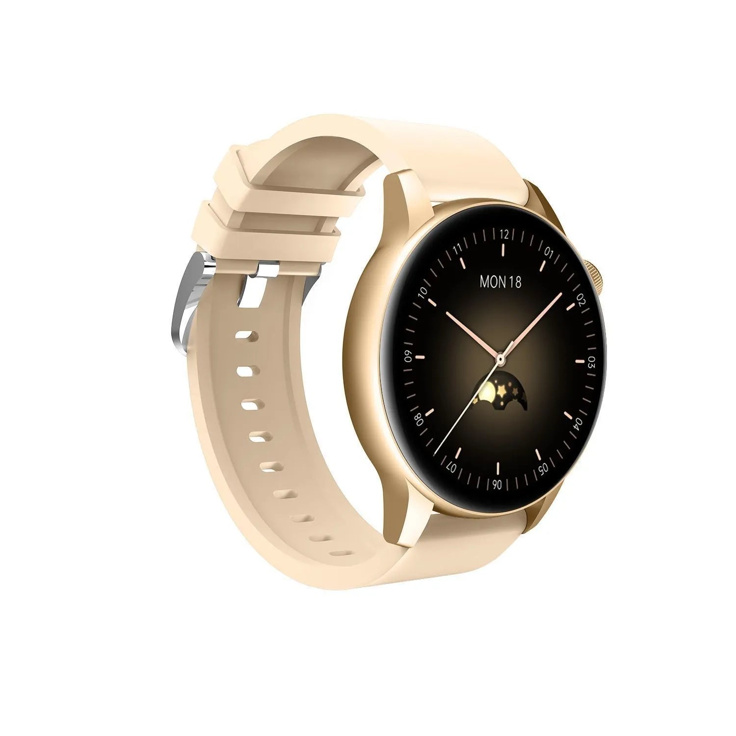 Silver smart watch with a round stainless steel case and a colour touch screen displaying a watch face