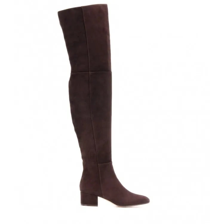 Grey suede women's flat over-the-knee boots with pointed toe and thick rubber sole