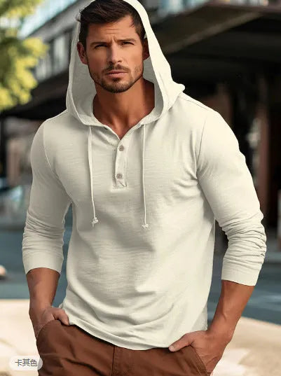 Men's dark blue cotton pullover hoodie with a hood and long sleeves on a hanger.