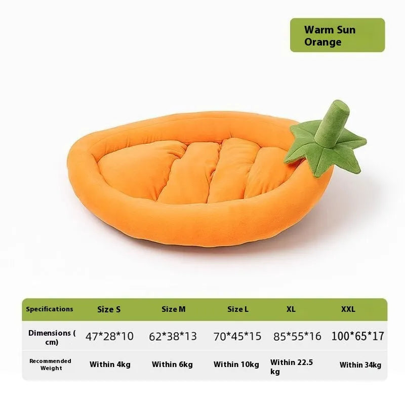 Removable washable cloth dog bed mat in brown, shown next to size labels S, M, L, XL, XXL.