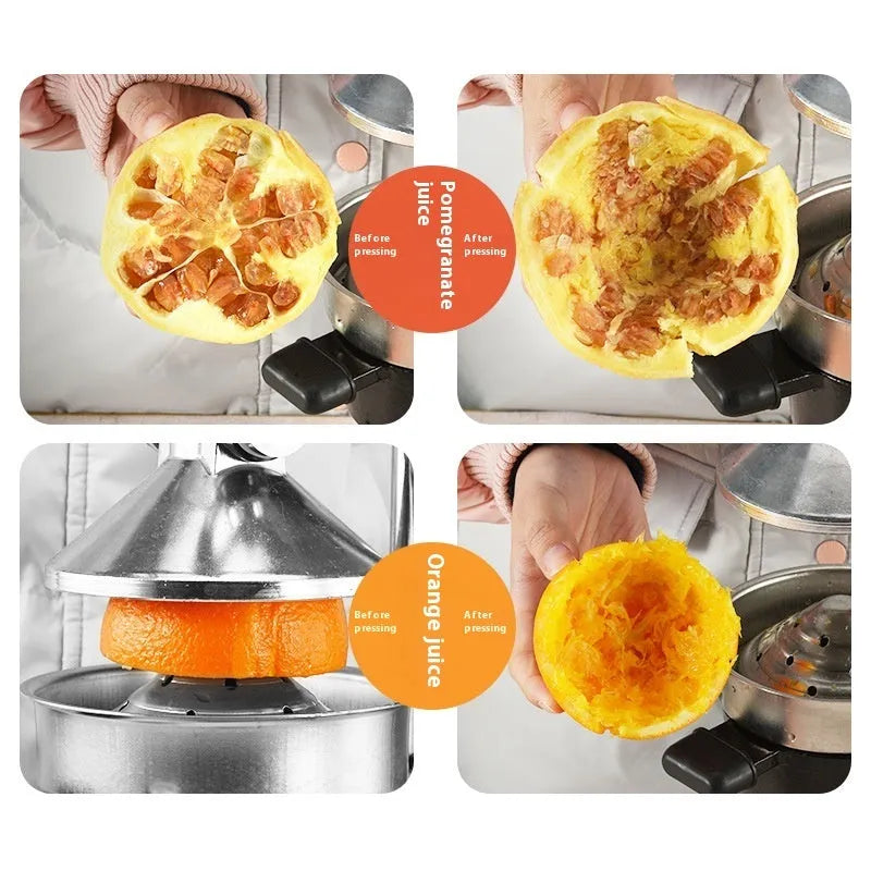 A black cast iron manual citrus juicer with a stainless steel strainer on a kitchen counter.