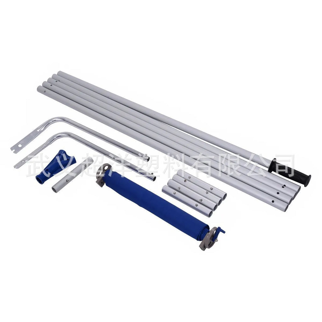 Blue roof snow removal rake with retractable aluminum pole and Oxford cloth on a snow-covered roof