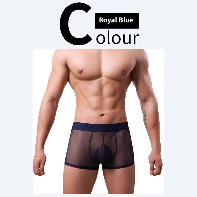 Men's thin invisible breathable boxer shorts in six colour options showing quick-dry polyester fabric construction