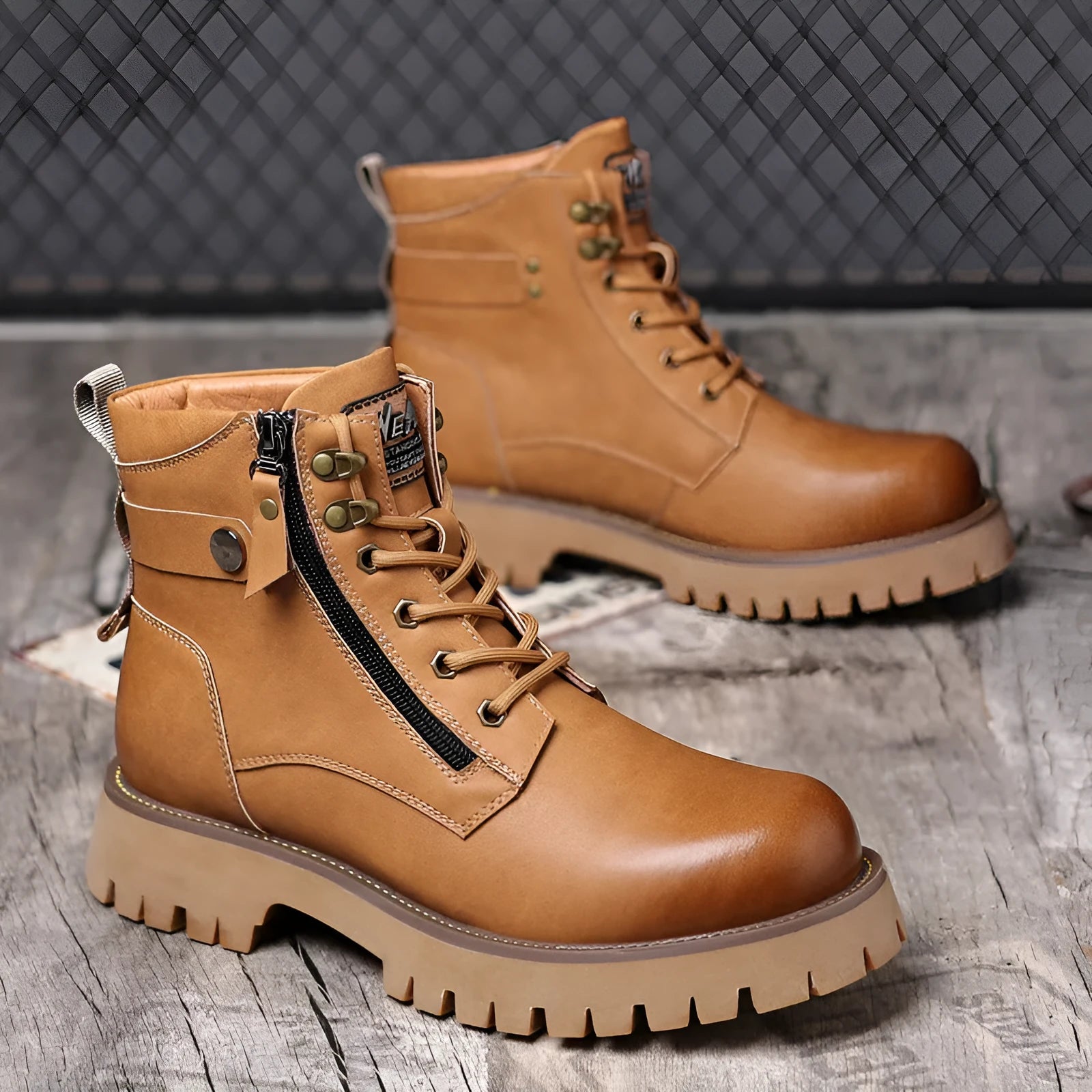 Men's brown high-top leather Martin boots with side zipper and mid heel