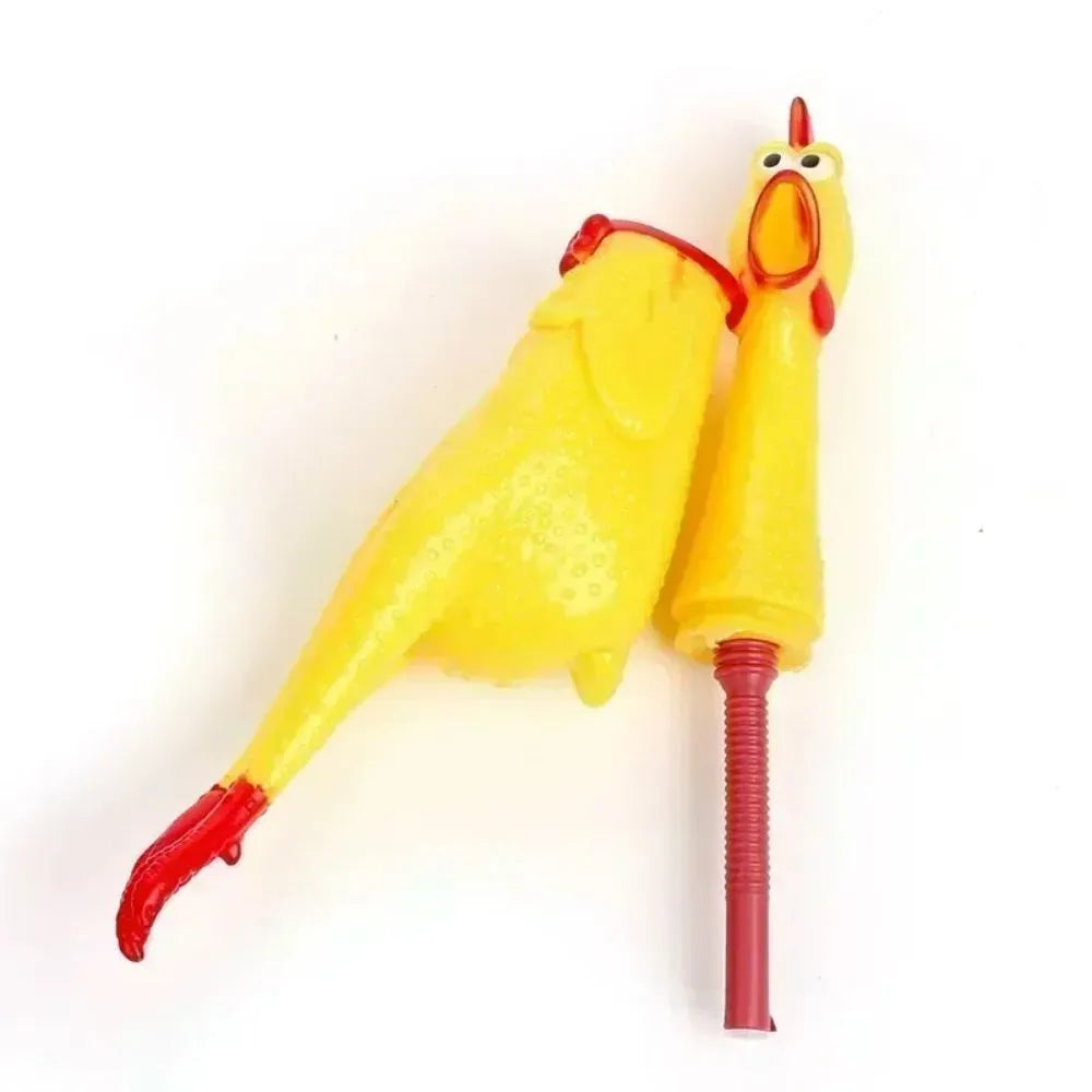 Yellow rubber screaming chicken dog squeak toy shown in three sizes: small, medium, and large.