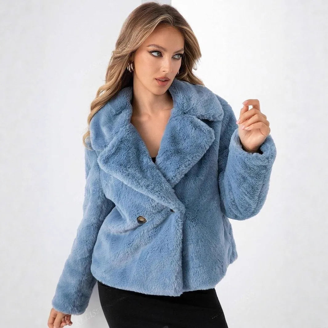 Women's short loose artificial fur coat in rose red colour with regular sleeves.