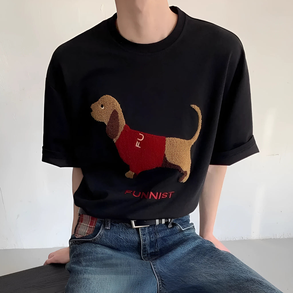 Gray men's T-shirt with an embroidered textured sausage dog design on the front.