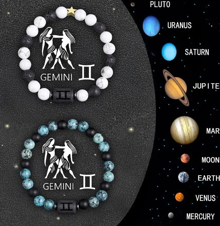 Set of twelve natural stone beaded bracelets, each with a zodiac sign charm, on a white background.