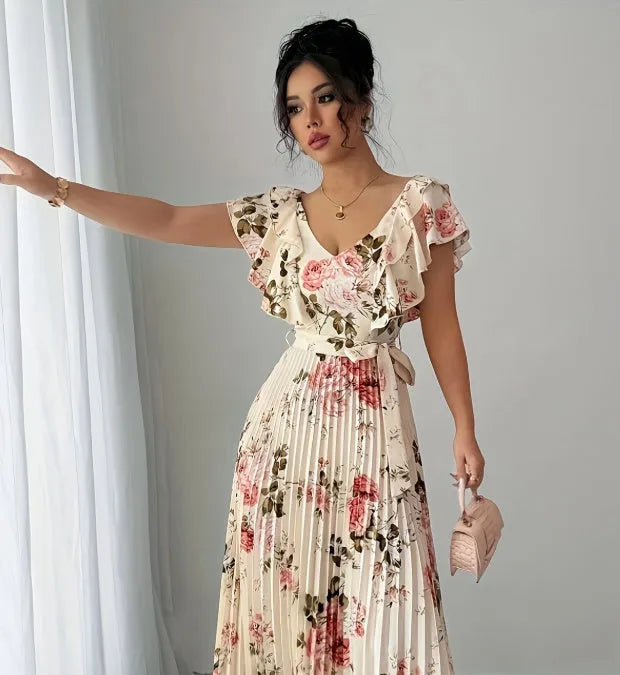 Apricot floral print dress with V-neck, ruffle sleeves, and swing skirt